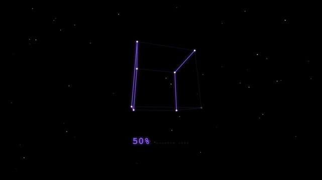 A purple 3D wireframe cube rotates in a dark void. A digital percentage counter at the bottom tracks progress from 11% to 79%, suggesting an evolving data sequence or system loading process.