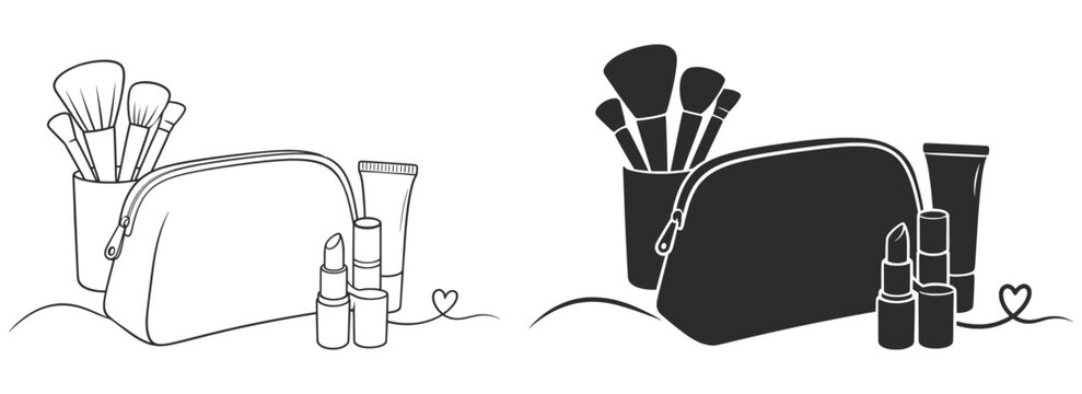 Minimal Makeup Bag and Cosmetic Pouch with Beauty Brushes and Skincare Bottles Line Art.