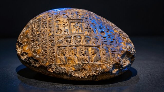 A beautifully preserved Babylonian artifact with intricate carvings and ancient cuneiform script, illuminated under museum lighting.
