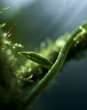 Close Up Of Green Vine Snake Resting On Mossy Branch With Morning Dew Drops