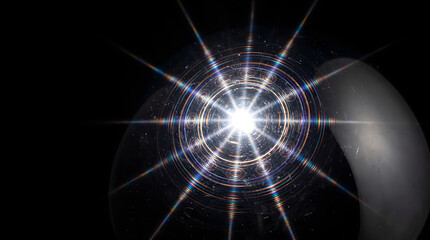 Obraz premium Crystal glass sphere refracting intense starburst light flare with vivid prismatic rainbow diffraction rings and dark planetary crescent shadow on deep black background for space art