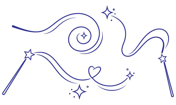 Magical Wand with Sparkles, Stars and Heart Fantasy Line Art.