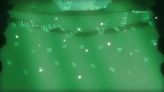 lush green forest canopy with hanging vines and glowing fireflies, enchanted atmosphere, nature scene motion graphic