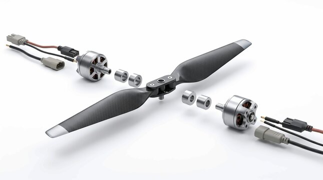 Disassembled carbon fiber drone propeller and brushless motor parts viewed from high angle on white background