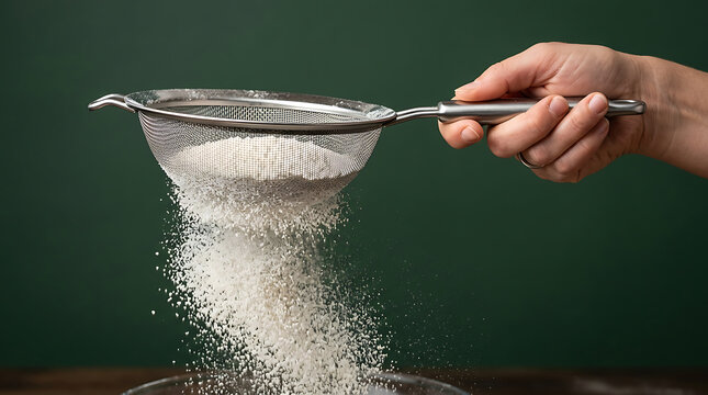 Sifting flour through a fine metal sieve into a glass bowl for baking preparation