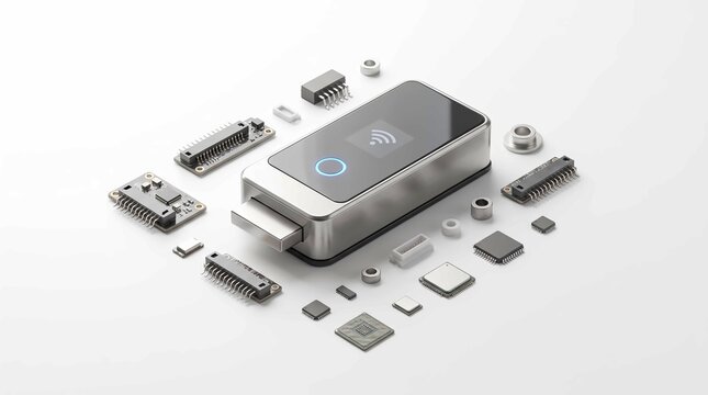 Compact wireless connectivity hardware device surrounded by assorted electronic components on white background on white background