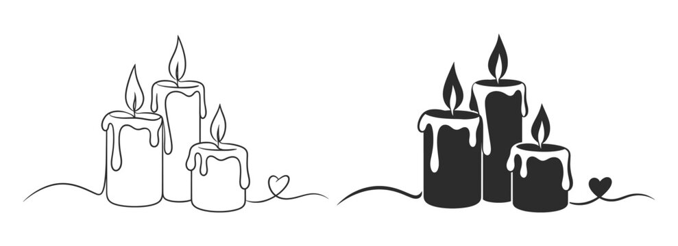 Minimal Candle Group with Burning Flames and Romantic Heart Line Art.
