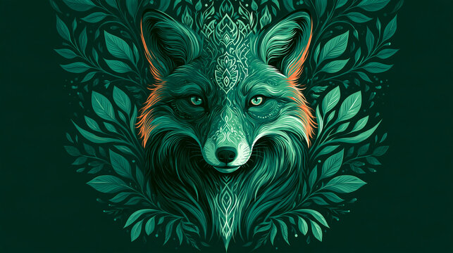 Decorative fox portrait framed by green botanical foliage in an intricate nature illustration design