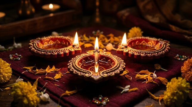 Celebrating the festival of lights a radiant diwali scene with traditional diyas and vibrant floral decorations symbolizing hope and new beginnings