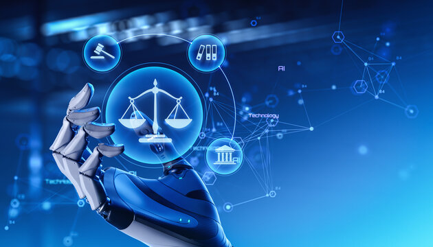 Robot Hand Holding Digital Scales of Justice in Futuristic Legal Technology Concept