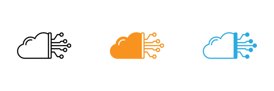 Cloud computing icon set with network connections in black orange and blue