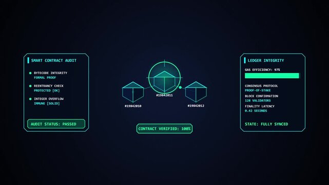 Smart Contract Audit and Blockchain Ledger Integrity Security HUD Interface Concept