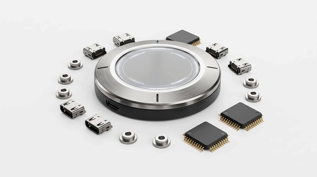 Silver circular electronic controller device surrounded by computer hardware components on white background