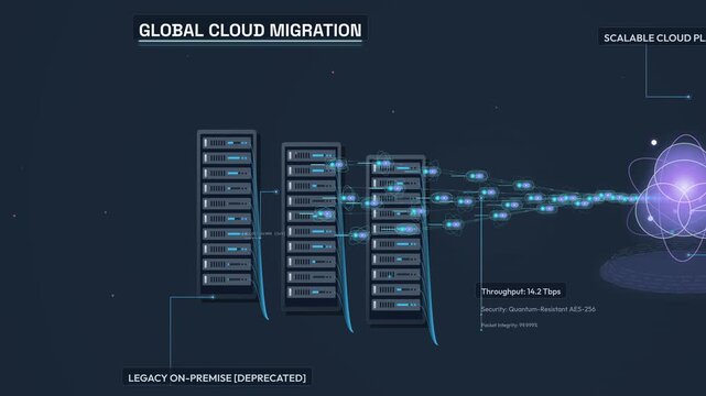 2D animation showing global cloud migration from legacy on premise servers to a scalable cloud platform with data transfer nodes representing high throughput and quantum resistant security