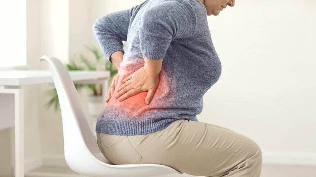 Plus-size woman holding her lower back with a red pain highlight while sitting indoors, experiencing intense lumbar discomfort associated with excess body weight, backach