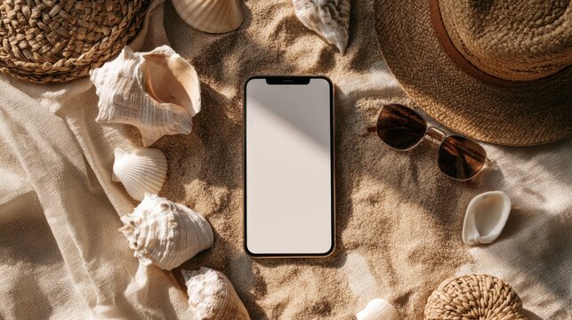 Modern smartphone with blank screen on sand surrounded by seashells hat sunglasses and beach accessories in sunlight