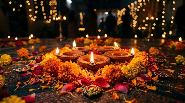 Celebrating the festival of lights a vibrant and joyful diwali scene with illuminated diyas and beautiful floral decorations