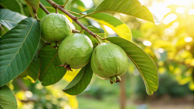 Green guava fruits on a tree branch in a sunny tropical garden with sun drenched
