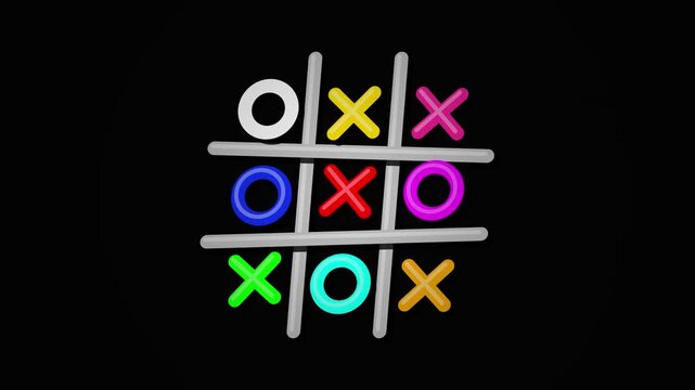 Colorful Tic Tac Toe Game Animation With Neon Glowing Symbols Playing A Strategy Board Puzzle Against A Dark Background For Digital Entertainment
