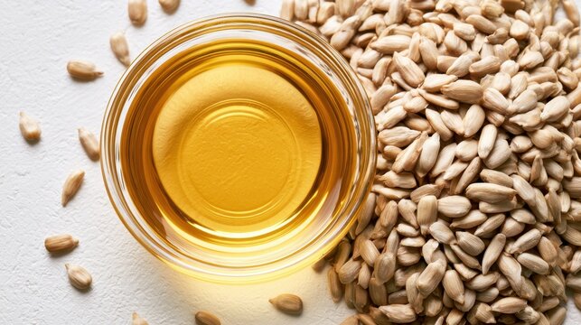 Clear glass bowl filled with golden sunflower oil placed beside pile of shelled sunflower seed kernels on white surface in natural light