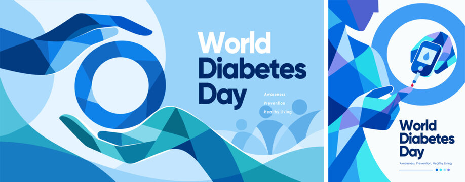World Diabetes Day vector abstract banner and poster with blue circle symbol, blood glucose meter, finger test and abstract hands. Medical awareness design for prevention, healthcare and healthy livin