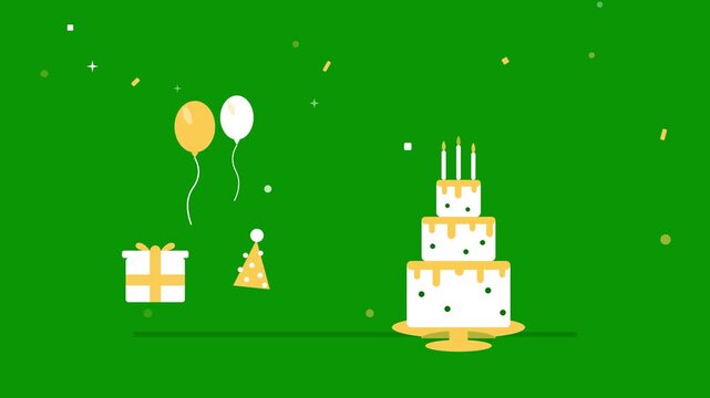 Birthday celebration animation with cake, gift, and balloons on green screen party