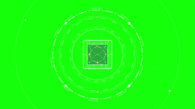 Futuristic hud interface with rotating digital processor and circular data scanning on green screen technology