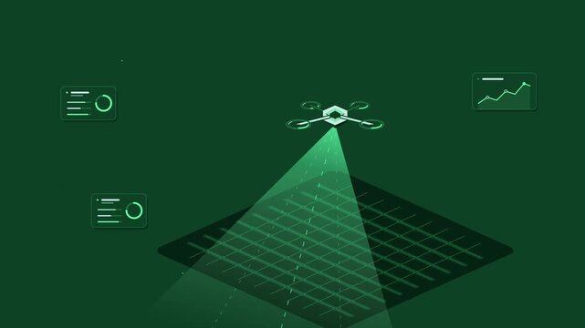 Autonomous drone scanning technology with data analytics hud interface animation