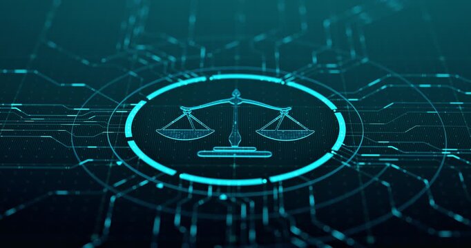 Digital Law and Justice Scales on Futuristic Technology Network Background