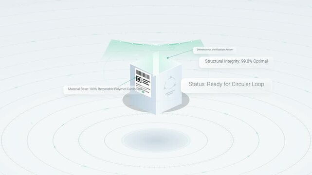 3D animation of a futuristic circular economy system featuring automated drone pickup of a recyclable cardboard package, API integration, and instant blockchain eco-credit wallet rewards