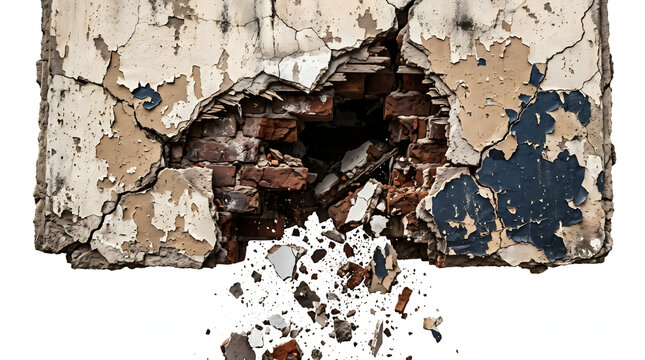 Destroyed ancient brick wall section with broken plaster and falling debris hole isolated on pure white background representing construction renovation and building demolition concept