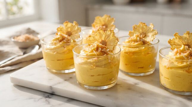 A high resolution jpg image of delicious pineapple mousse dessert served in small glass cups on a white marble surface