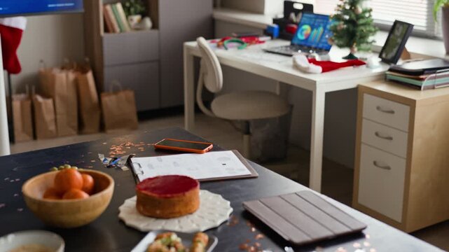 Camera tilting up from party food table to decorated office workstation with laptop and Christmas tree. Visual ideal for corporate New Year holiday campaigns