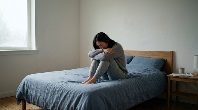 Depressed and Lonely Asian Woman Sitting on Bed in Minimalist Bedroom Hugging Her Knees, Concept of Mental Health and Sadness