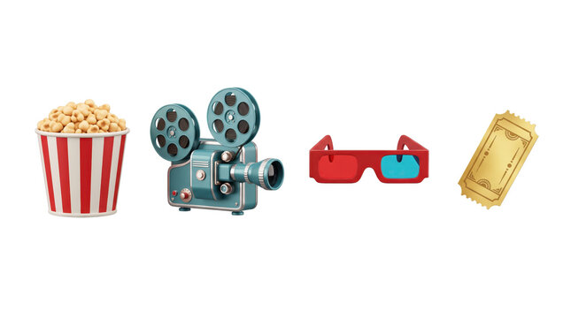 Popcorn, film camera, 3D glasses, and movie ticket icons  