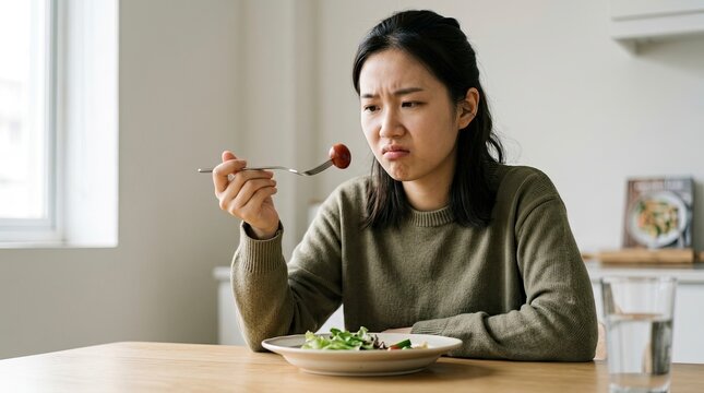 Young Asian woman looking disgusted while eating a healthy salad at home, picky eater concept, unhappy with diet food