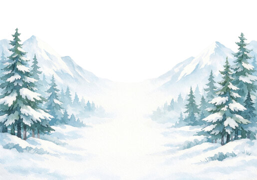 PNG Serene snowy landscape with pine trees and mountains.