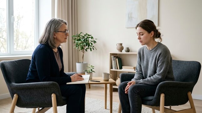 Professional senior female therapist or psychologist listening to a young sad woman during a counseling session in a bright modern office