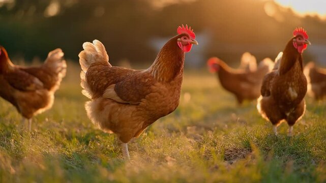 Free-range chickens foraging in golden pasture at sunset