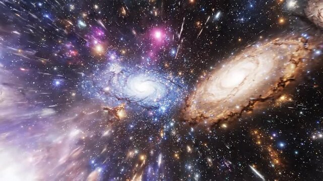 Intergalactic travel through neon glowing clusters in deep space