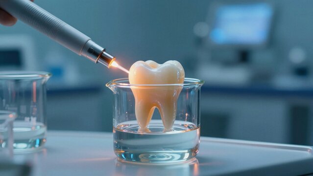 A tooth model is being treated with laser technology inside a beaker during a precise dental implant procedure.