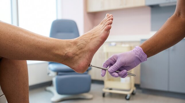 Neurology: Clinician testing a patient's Achilles tendon reflex during foot examination