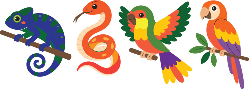 Cute tropical rainforest animals vector illustration set featuring colorful chameleon lizard, snake, and exotic parrot birds isolated on a clean white background