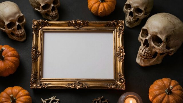 Golden ornate picture frame surrounded by human skulls and pumpkins on dark surface for spooky seasonal display.