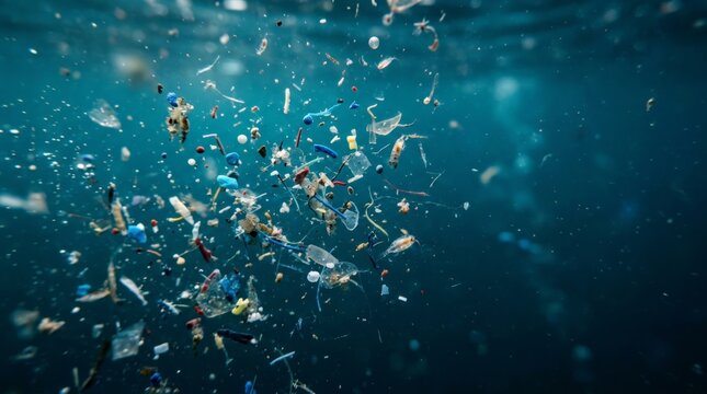 Microplastic in water floats densely beneath the surface, suspended in deep blue ocean currents among tiny debris particles and pollutant fragments within a polluted aquatic environment