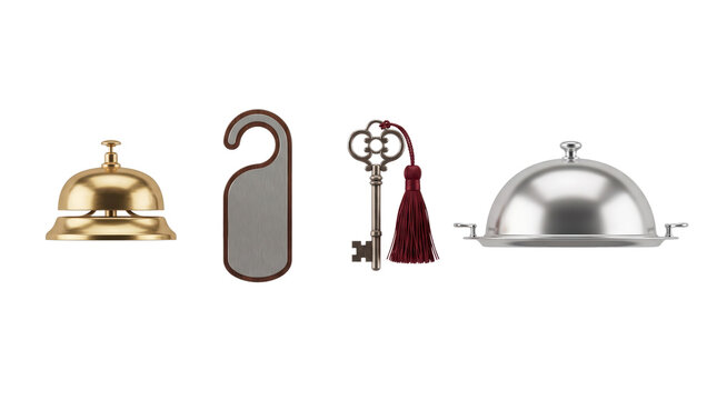 Vintage hotel reception items including bell, key, and tray  