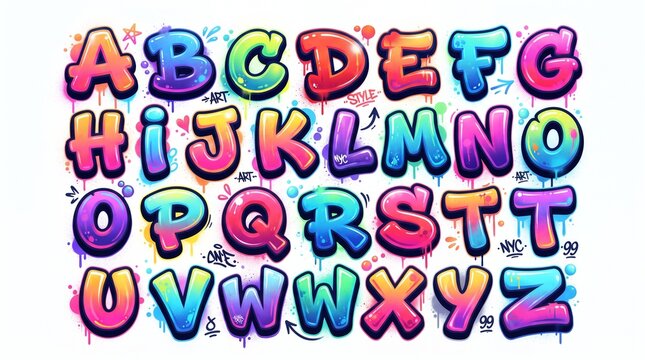 Colorful graffiti bubble alphabet, glossy gradient puffy letters A-Z, bold outline, paint drips, stars, splatters, vibrant playful street art on white