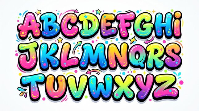 Vibrant bubble alphabet A-Z, glossy rainbow gradient puffy letters, black outline, stars, dots, arrows, sparkles on white background, playful fun art!