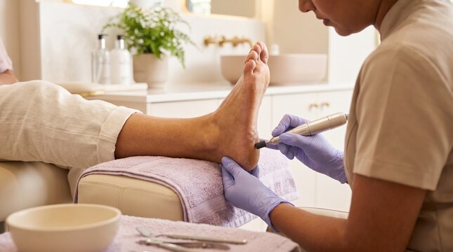 Podiatry: Practitioner removes heel callus with electric foot file during professional treatment