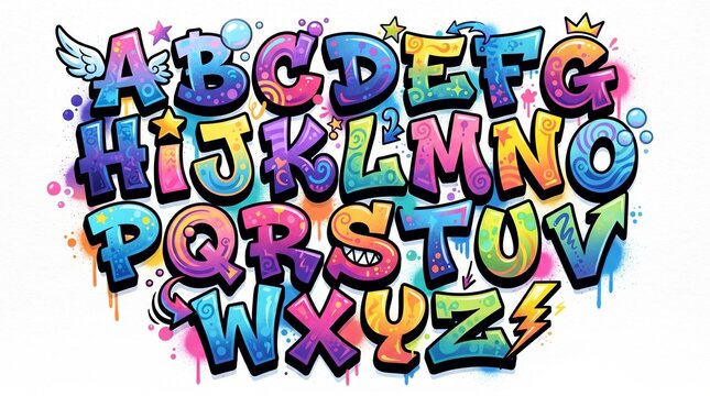 Vibrant graffiti bubble A-Z, glossy patterned puffy letters, black outline, wings, crown, stars, arrows, lightning, bubbles, paint drips on white, fun